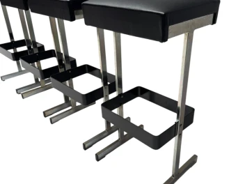 Four Mid-Century Modern Bar Stools with Black Leather Seats, 1970s